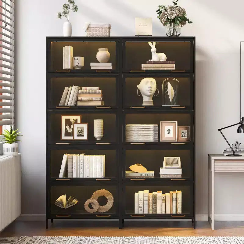 Vetrina alta con ante in vetro, libreria/credenza a 5 ripiani in acciaio, mobiletto, organizer per dispensa, nero-ModernLuxe