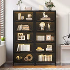 Vetrina alta con ante in vetro, libreria/credenza a 5 ripiani in acciaio, mobiletto, organizer per dispensa, nero-ModernLuxe