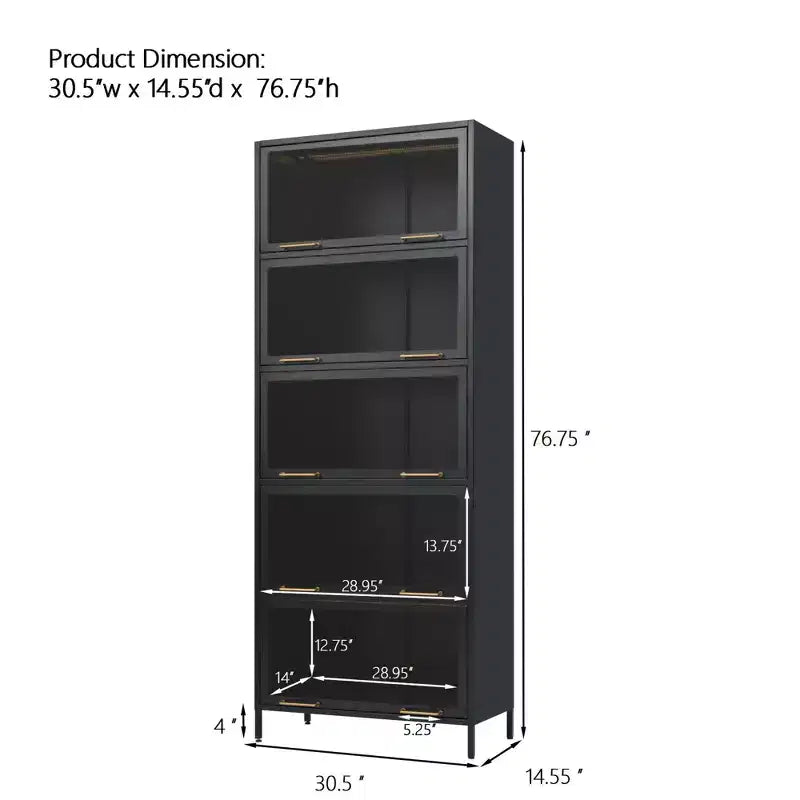 Vetrina alta con ante in vetro, libreria/credenza a 5 ripiani in acciaio, mobiletto, organizer per dispensa, nero-ModernLuxe