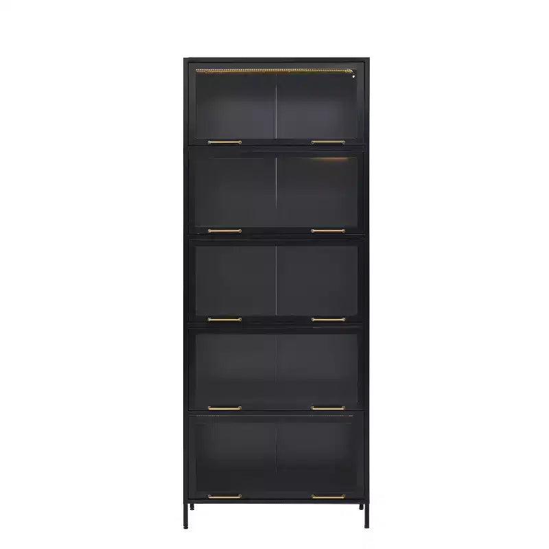 Vetrina alta con ante in vetro, libreria/credenza a 5 ripiani in acciaio, mobiletto, organizer per dispensa, nero-ModernLuxe