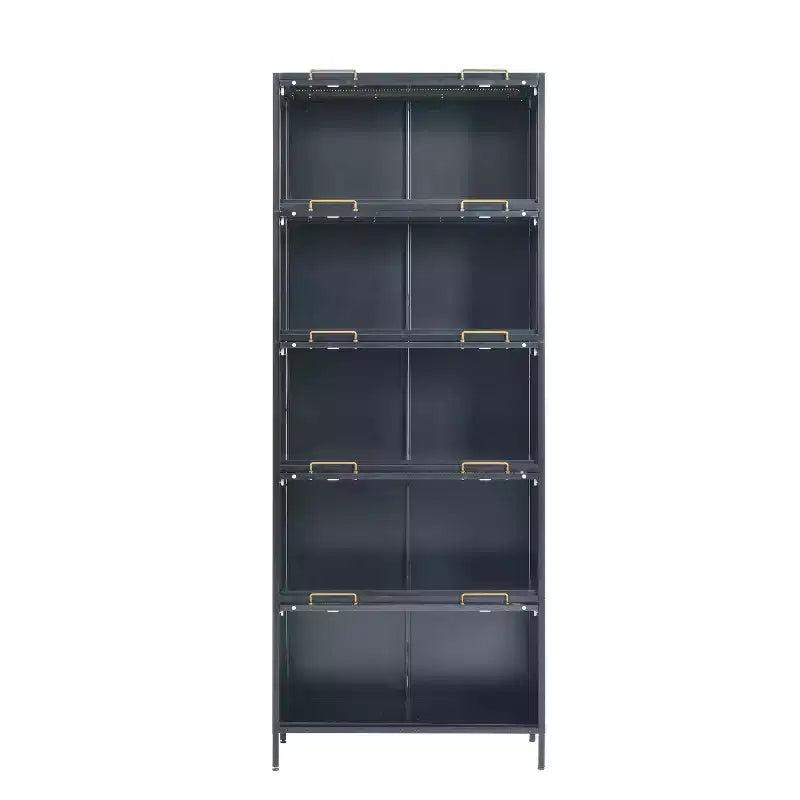 Vetrina alta con ante in vetro, libreria/credenza a 5 ripiani in acciaio, mobiletto, organizer per dispensa, nero-ModernLuxe