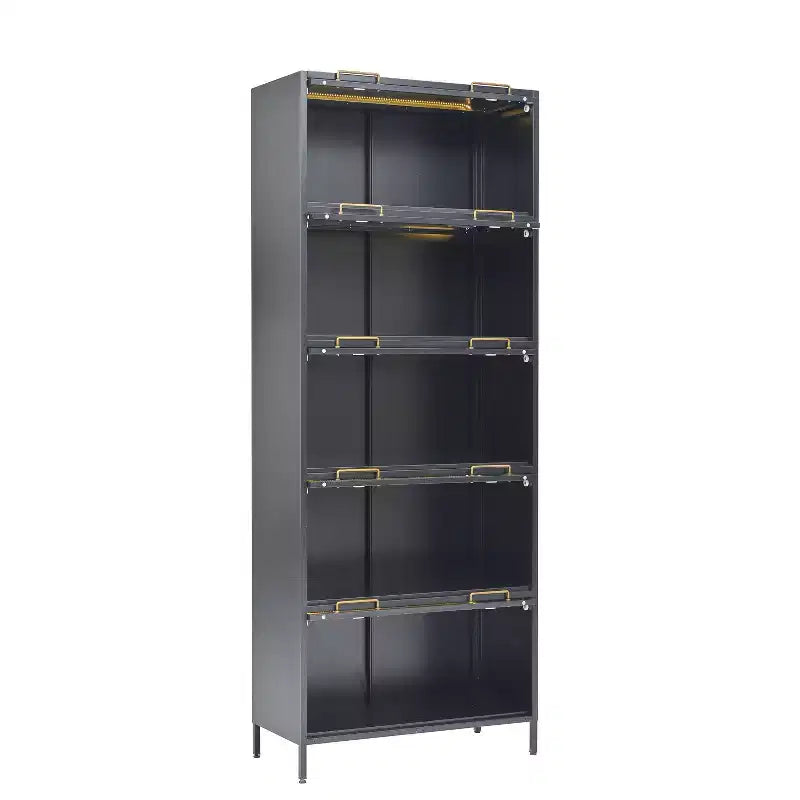 Vetrina alta con ante in vetro, libreria/credenza a 5 ripiani in acciaio, mobiletto, organizer per dispensa, nero-ModernLuxe