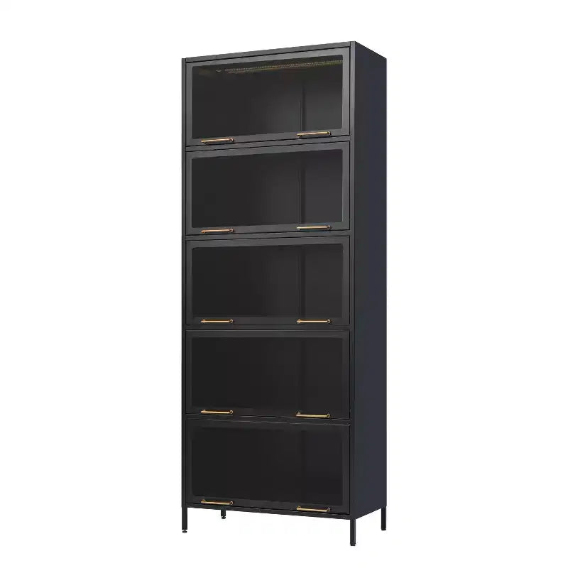 Vetrina alta con ante in vetro, libreria/credenza a 5 ripiani in acciaio, mobiletto, organizer per dispensa, nero-ModernLuxe