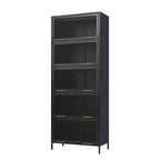Vetrina alta con ante in vetro, libreria/credenza a 5 ripiani in acciaio, mobiletto, organizer per dispensa, nero-ModernLuxe