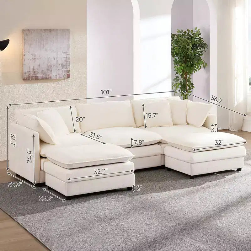 Divano sezionale modulare a U Mjkone 101'', divano Cloud a 5 posti con 2 pouf, divano letto moderno in ciniglia con seduta profonda