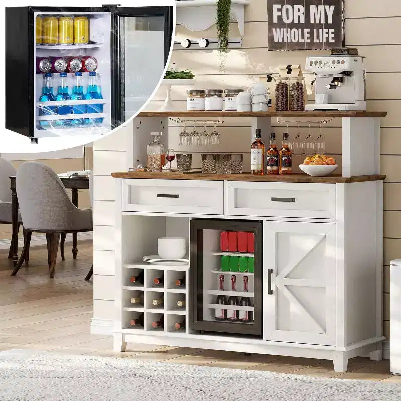 AMERLIFE Farmhouse Coffee Bar Cabinet with Beverage Refrigerator Cooler, 47 Wine Bar Dining Room, White
