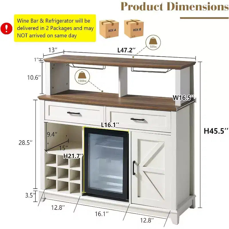 AMERLIFE Mobiletto da caffè in stile rustico con refrigeratore per bevande, 47 Bar per vini Sala da pranzo, Bianco