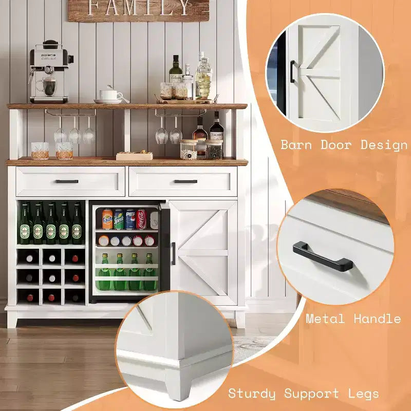 AMERLIFE Mobiletto da caffè in stile rustico con refrigeratore per bevande, 47 Bar per vini Sala da pranzo, Bianco