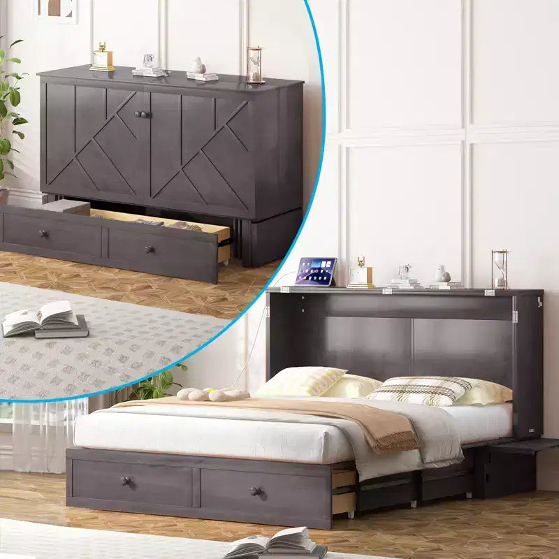 Letto a scomparsa matrimoniale moderno Mjkone con porte USB e materasso pieghevole