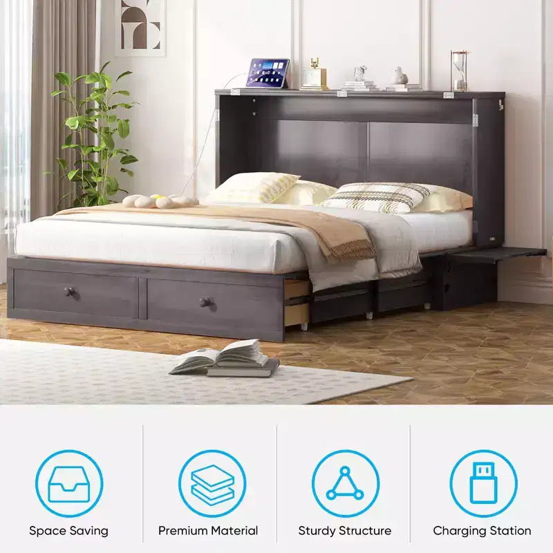 Letto a scomparsa matrimoniale moderno Mjkone con porte USB e materasso pieghevole