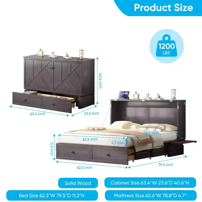 Letto a scomparsa matrimoniale moderno Mjkone con porte USB e materasso pieghevole