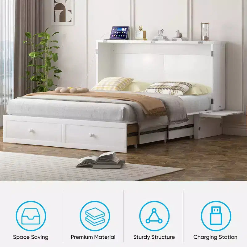 Letto a scomparsa matrimoniale moderno Mjkone con porte USB e materasso pieghevole