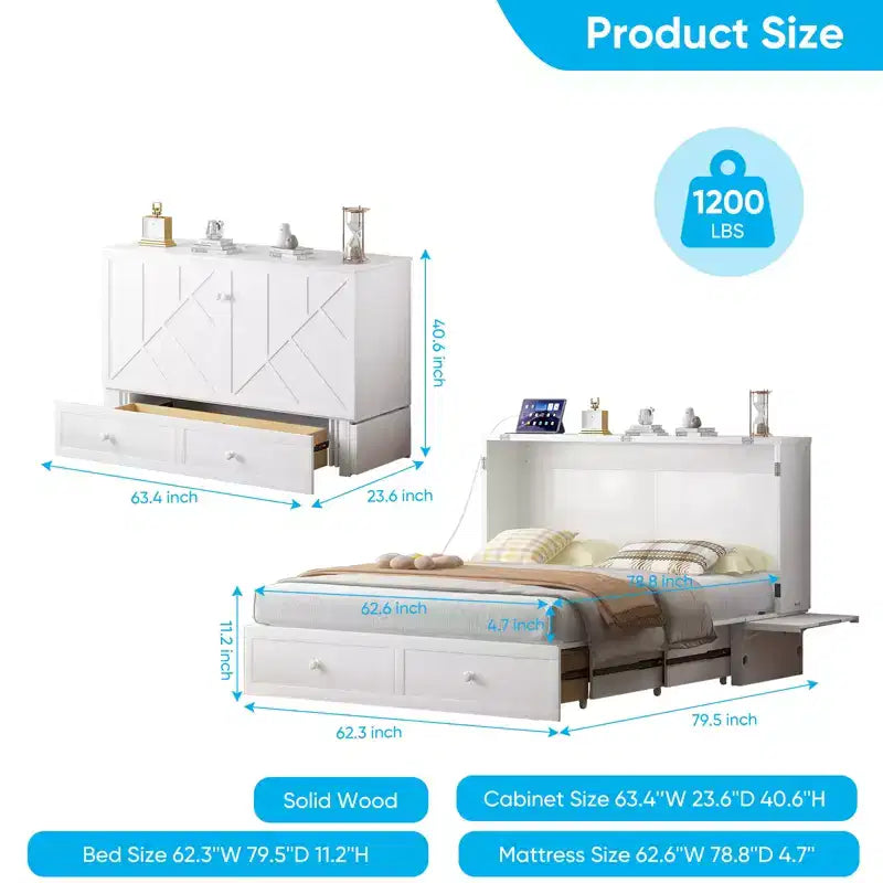 Letto a scomparsa matrimoniale moderno Mjkone con porte USB e materasso pieghevole