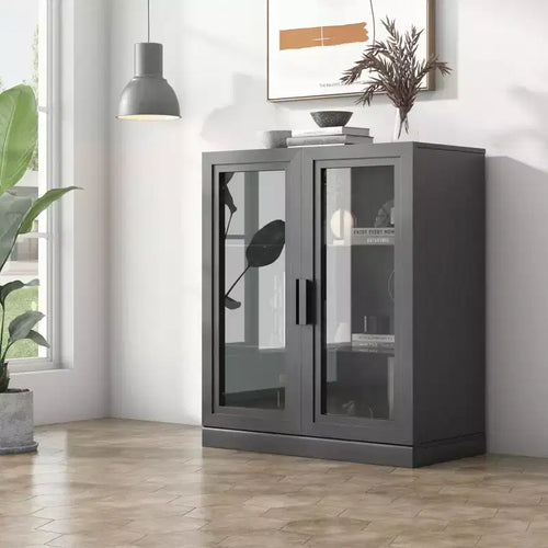 36x31x16 Wood Accent Sideboard Cabinet in Black, Storage Organizer with Adjustable Shelves and Glass Doors for Kitchen Bedroom Living/Dinning Room