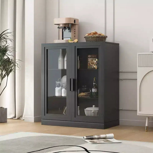 Mobile buffet laterale accentato in legno 36x31x16 in nero, organizer contenitore con ripiani regolabili e ante in vetro per cucina, camera da letto, soggiorno/sala da pranzo
