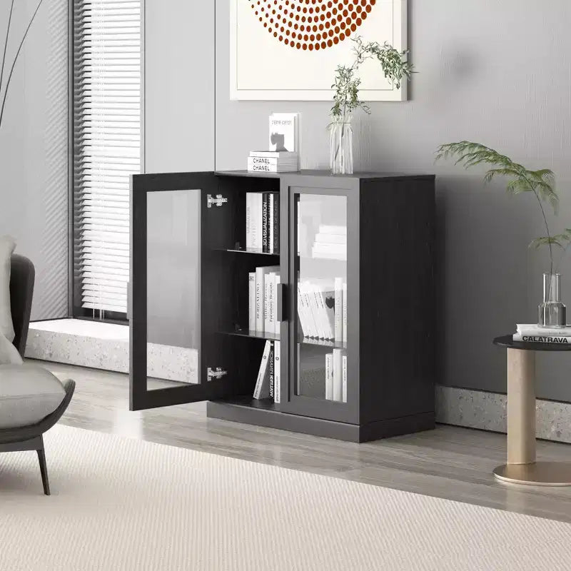 Mobile buffet laterale accentato in legno 36x31x16 in nero, organizer contenitore con ripiani regolabili e ante in vetro per cucina, camera da letto, soggiorno/sala da pranzo