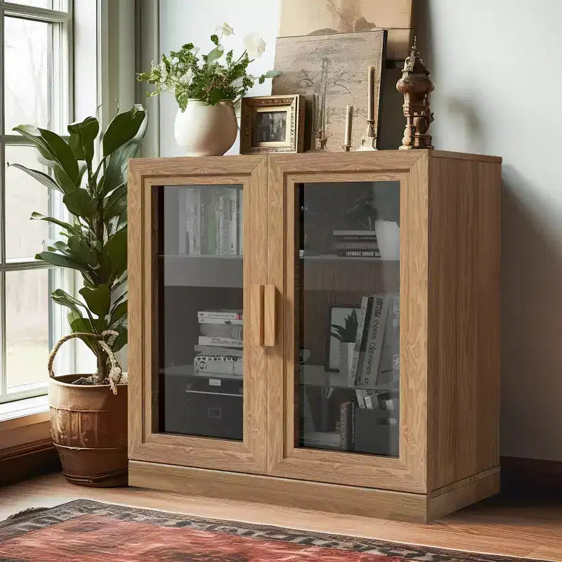 [79 cm | Tonalità Legno Naturale] Mobile Decorativo con Doppia Anta in Vetro (Ampio Spazio a Strati + Modernità Semplice)