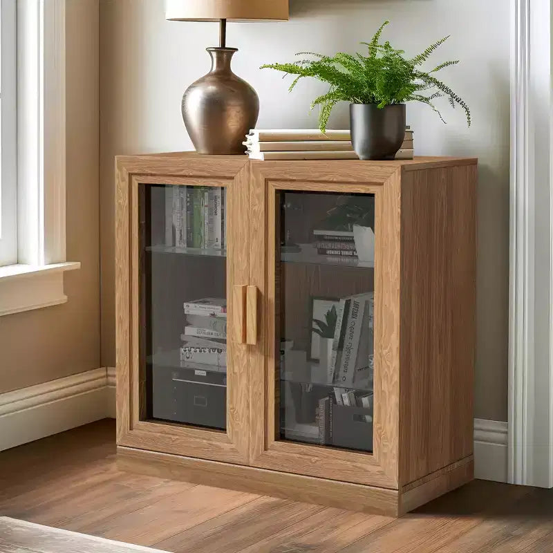 [79 cm | Tonalità Legno Naturale] Mobile Decorativo con Doppia Anta in Vetro (Ampio Spazio a Strati + Modernità Semplice)