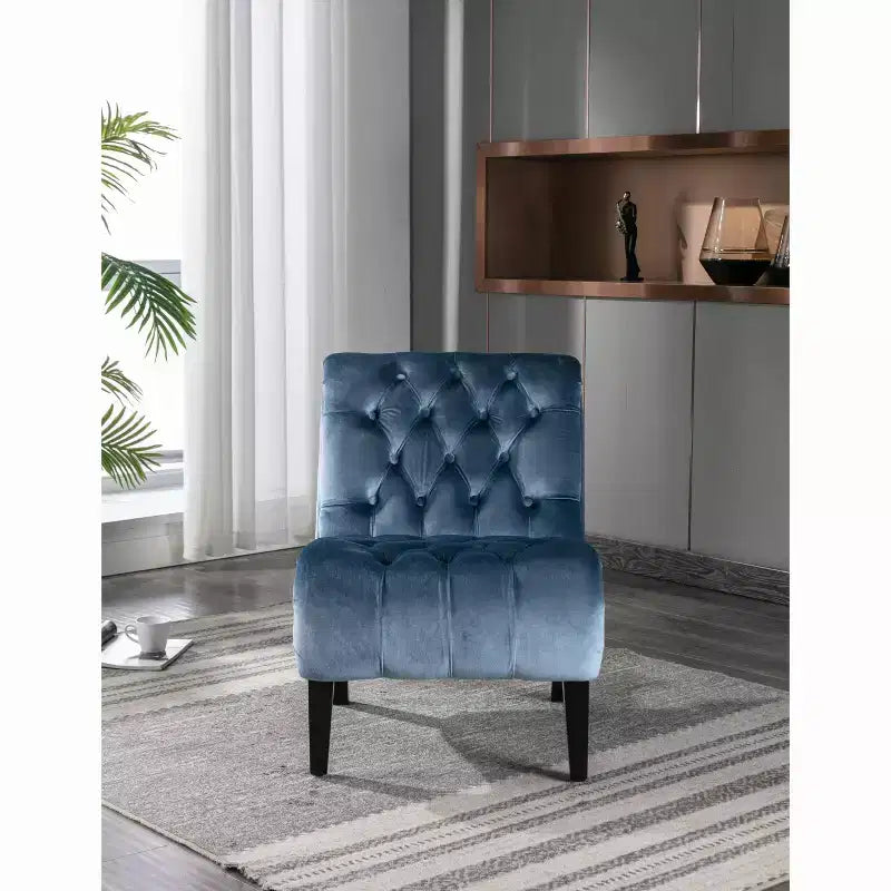 Okak Modern Armless Velvet Accent Chair, Sedia comoda imbottita in tessuto con bottoni e gambe in legno