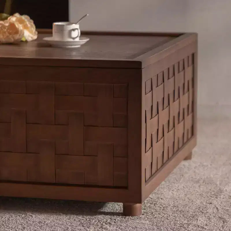 Tavolino da caffè quadrato in legno Bob Storage da 31,5 GDFStudio con coperchio rimovibile e decorazione intrecciata