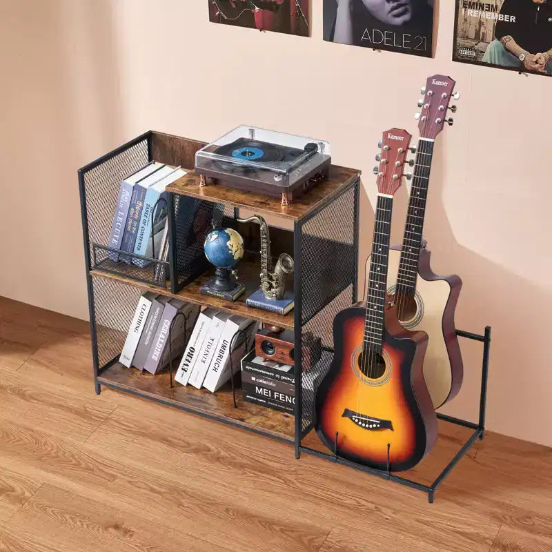 VEVOR Mobiletto per Giradischi a 3 Livelli con Supporto per Chitarra, Porta Giradischi con Spazio per Contenere Fino a 300 Album, Mobile per Dischi in Vinile con Telaio in Rete Metallica
