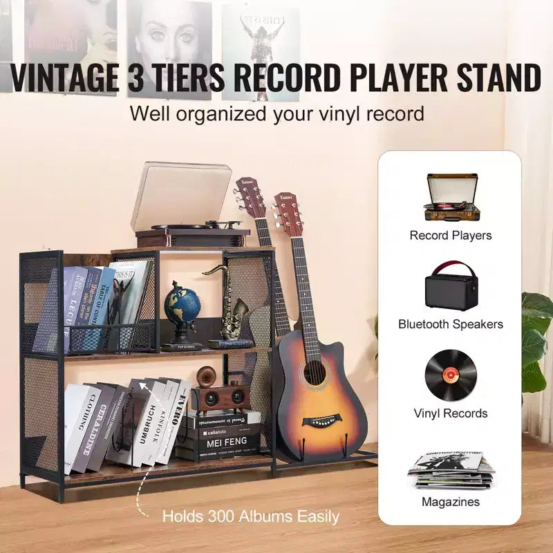 VEVOR Mobiletto per Giradischi a 3 Livelli con Supporto per Chitarra, Porta Giradischi con Spazio per Contenere Fino a 300 Album, Mobile per Dischi in Vinile con Telaio in Rete Metallica