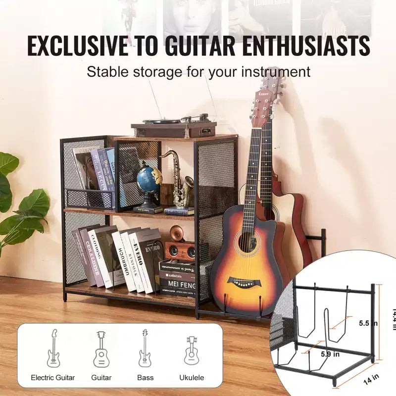 VEVOR Mobiletto per Giradischi a 3 Livelli con Supporto per Chitarra, Porta Giradischi con Spazio per Contenere Fino a 300 Album, Mobile per Dischi in Vinile con Telaio in Rete Metallica