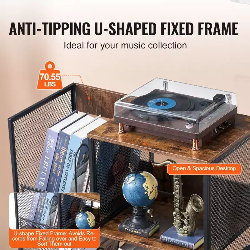 VEVOR Mobiletto per Giradischi a 3 Livelli con Supporto per Chitarra, Porta Giradischi con Spazio per Contenere Fino a 300 Album, Mobile per Dischi in Vinile con Telaio in Rete Metallica