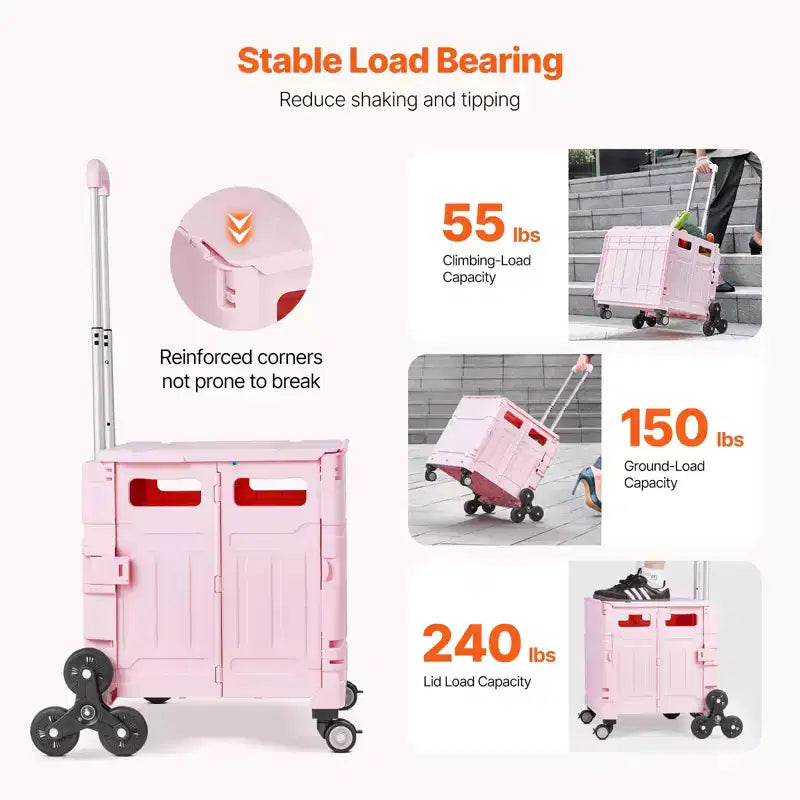 Carrello Pieghevole Utilità VEVOR, Cassa Portatile Pieghevole da 65L con Ruote Saliscale e Ruote Girevoli a 360°, Carrello a Mano