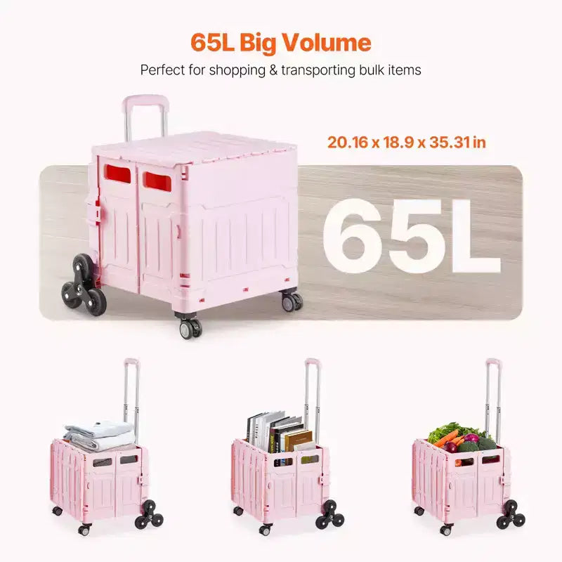 Carrello Pieghevole Utilità VEVOR, Cassa Portatile Pieghevole da 65L con Ruote Saliscale e Ruote Girevoli a 360°, Carrello a Mano