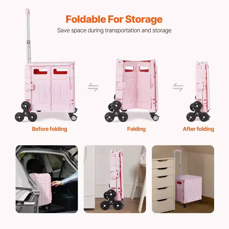 Carrello Pieghevole Utilità VEVOR, Cassa Portatile Pieghevole da 65L con Ruote Saliscale e Ruote Girevoli a 360°, Carrello a Mano