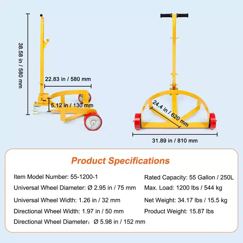 VEVOR Chariot de fût de 55 gallons, capacité de charge de 544 kg, chariot de fût rond en acier à profil bas, cadre en acier robuste