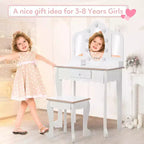 Set da toeletta per bambini con 3 specchi e cassetto, tavolo da trucco per bambine, luci e set da gioco in legno per il trucco