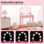 Set da toeletta per bambini con 3 specchi e cassetto, tavolo da trucco per bambine, luci e set da gioco in legno per il trucco