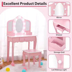 Set da toeletta per bambini con 3 specchi e cassetto, tavolo da trucco per bambine, luci e set da gioco in legno per il trucco
