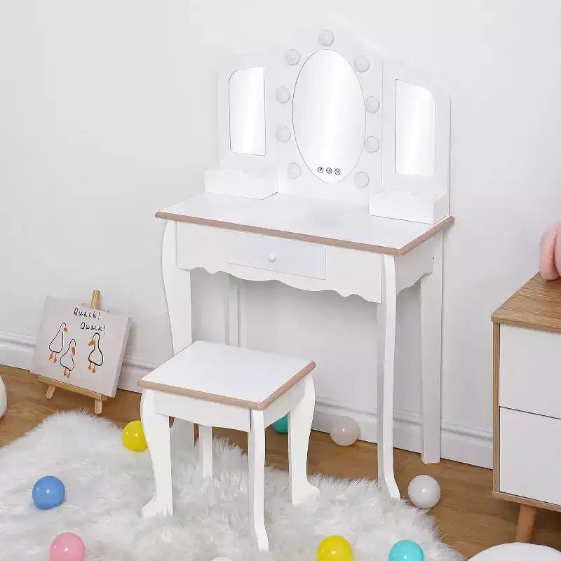 Set da toeletta per bambini con 3 specchi e cassetto, tavolo da trucco per bambine, luci e set da gioco in legno per il trucco