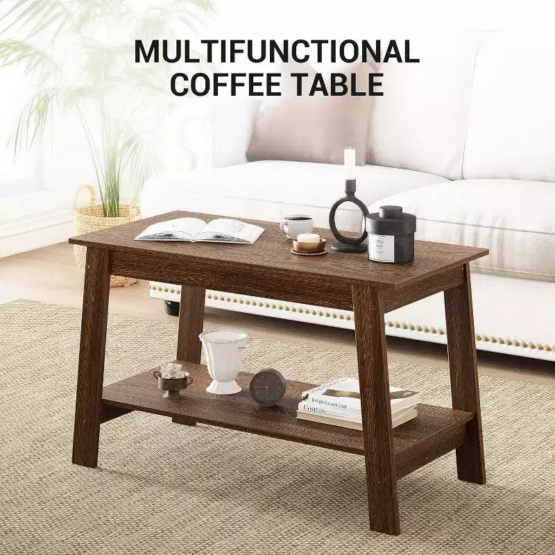Acekool Tavolino da caffè moderno stile coloniale con ripiano portaoggetti, tavolo centrale rettangolare a 2 livelli, tavolini da salotto industriali per casa e ufficio
