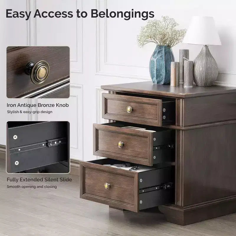 Karl Home Comodino a 3 cassetti in legno massello, 24,02 pollici di larghezza, con 2 porte USB