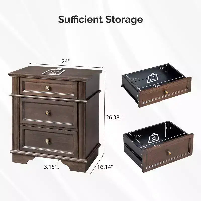 Karl Home Comodino a 3 cassetti in legno massello, 24,02 pollici di larghezza, con 2 porte USB
