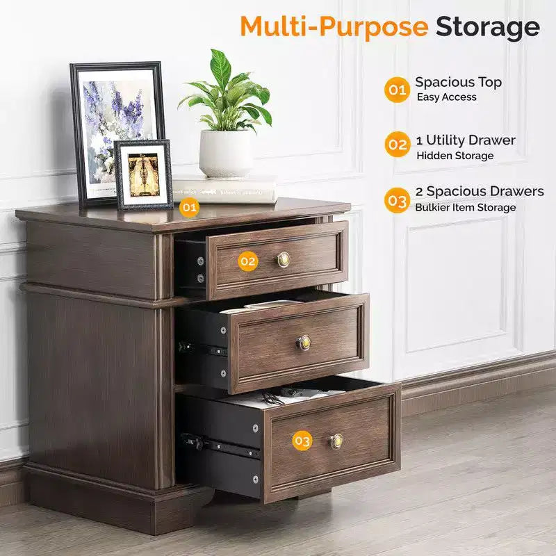Karl Home Comodino a 3 cassetti in legno massello, 24,02 pollici di larghezza, con 2 porte USB