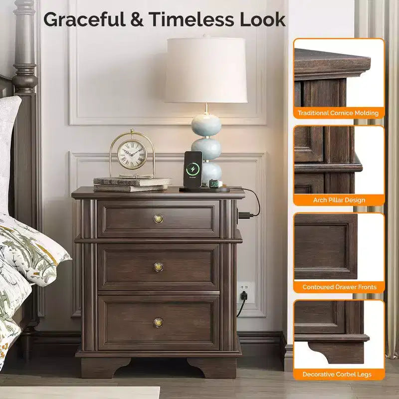 Karl Home Comodino a 3 cassetti in legno massello, 24,02 pollici di larghezza, con 2 porte USB