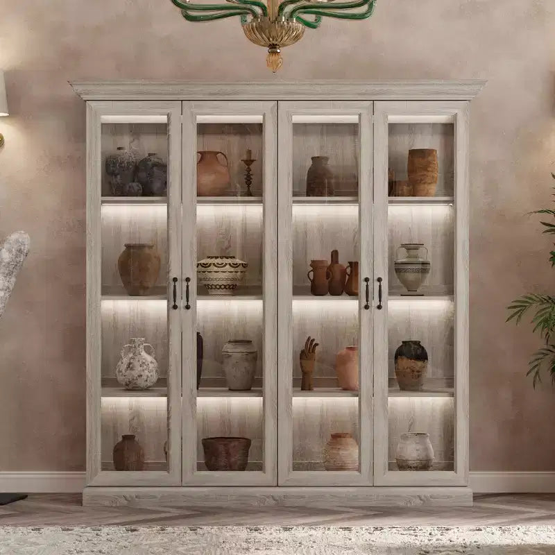 Famapy 4-Door Glass Display Cabinet Gray Oak Finish LED Strip Light Tempered Glass Doors LED Lighting Curio Pantry