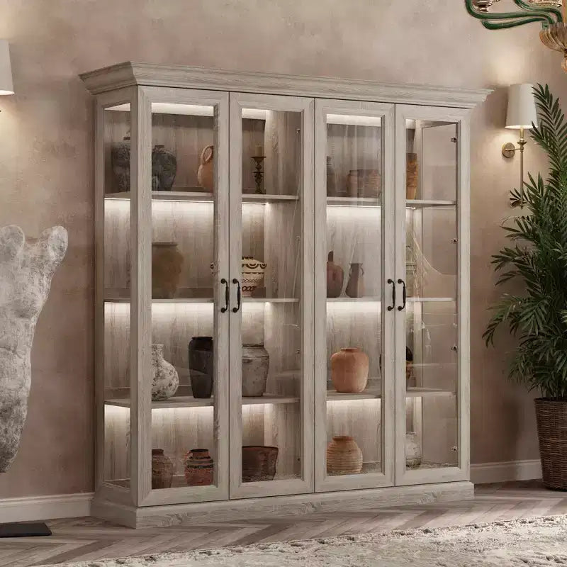 Famapy Vetrina Espositiva a 4 Ante in Vetro Finitura Rovere Grigio con Striscia LED Porte in Vetro Temperato Illuminazione a LED Credenza Dispensa