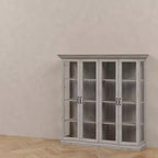 Famapy Vetrina Espositiva a 4 Ante in Vetro Finitura Rovere Grigio con Striscia LED Porte in Vetro Temperato Illuminazione a LED Credenza Dispensa
