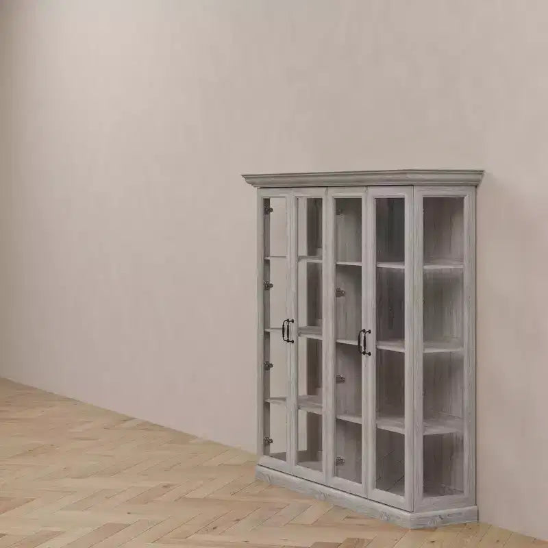 Famapy Vetrina Espositiva a 4 Ante in Vetro Finitura Rovere Grigio con Striscia LED Porte in Vetro Temperato Illuminazione a LED Credenza Dispensa