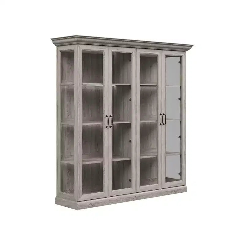 Famapy Vetrina Espositiva a 4 Ante in Vetro Finitura Rovere Grigio con Striscia LED Porte in Vetro Temperato Illuminazione a LED Credenza Dispensa