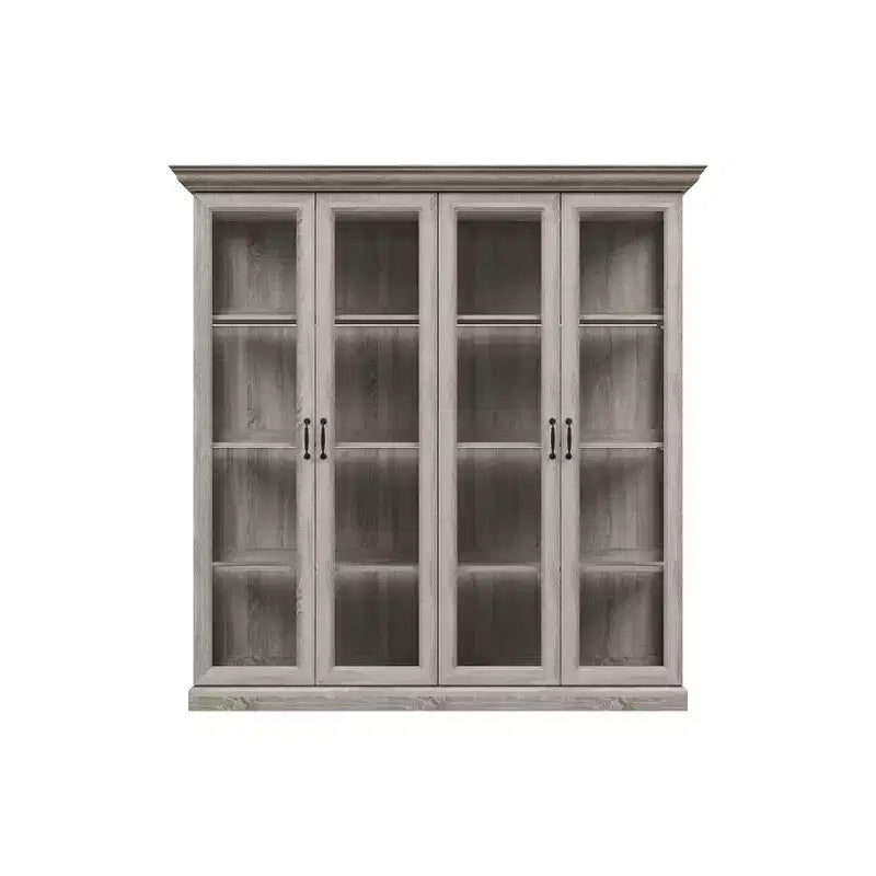 Famapy Vetrina Espositiva a 4 Ante in Vetro Finitura Rovere Grigio con Striscia LED Porte in Vetro Temperato Illuminazione a LED Credenza Dispensa