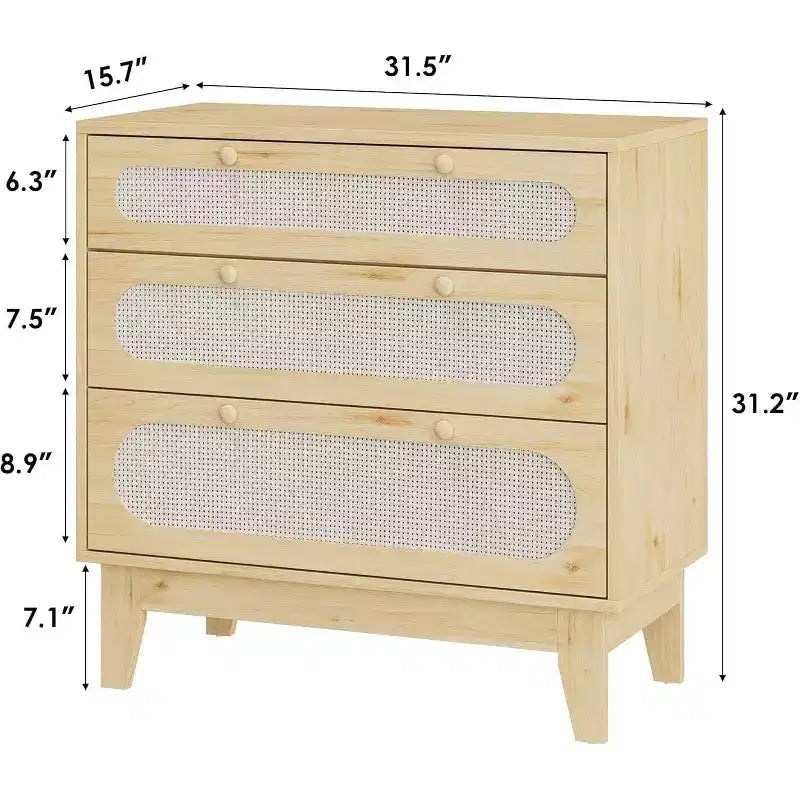 Cassettiera in Rattan a 3 Cassetti, Comodino in Legno, Piccolo Armadietto Bohemian, Tavolino da Notte, Camera da Letto, Soggiorno