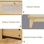 Cassettiera in Rattan a 3 Cassetti, Comodino in Legno, Piccolo Armadietto Bohemian, Tavolino da Notte, Camera da Letto, Soggiorno