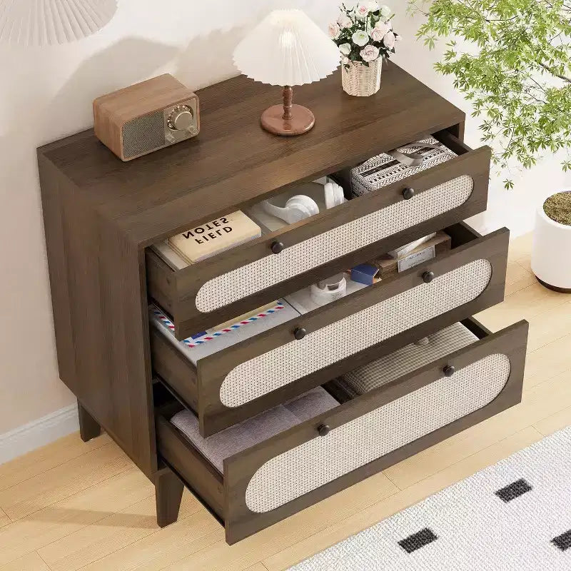 Cassettiera in Rattan a 3 Cassetti, Comodino in Legno, Piccolo Armadietto Bohemian, Tavolino da Notte, Camera da Letto, Soggiorno